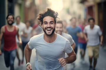 happy man running on the background of a crowd of people - obrazy, fototapety, plakaty