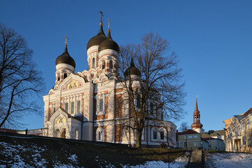 Old ancient Alexander Nevsky Cathedral in old city of Tallinn in winter. Tallinn, Estonia.