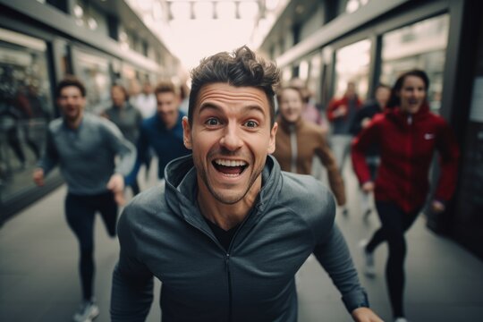 happy man running on the background of a crowd of people