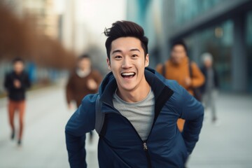 Fototapeta premium happy asian man running on the background of a crowd of people