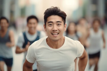 Naklejka premium happy asian man running on the background of a crowd of people