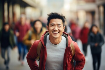 happy asian man running on the background of a crowd of people