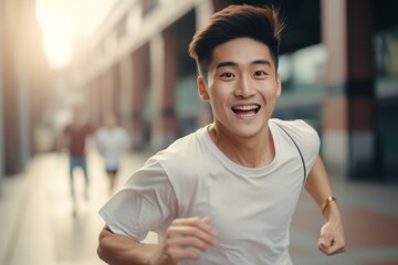 Obraz premium happy asian man running on the background of a crowd of people