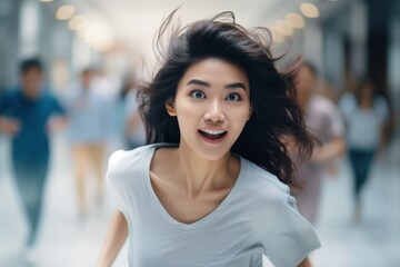 Fototapeta premium happy asian woman running on the background of a crowd of people