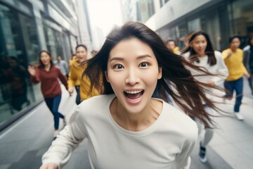happy asian woman running on the background of a crowd of people