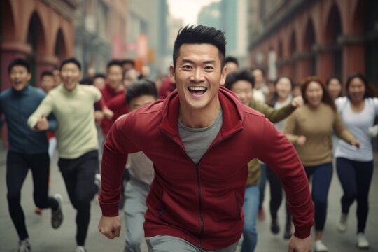 happy asian man running on the background of a crowd of people