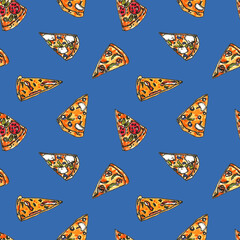 Hand drawn doodle pizza seamless pattern. Illustration for fabric und textile design, wallpaper, packaging, food design, menu design, decoration.