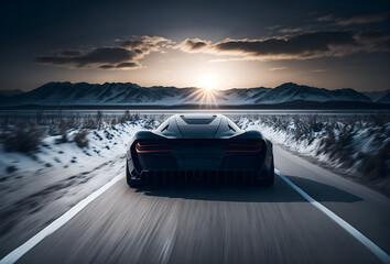 Rear view of a high-speed supercar gliding through a snowy landscape. Black racing sport car speeding across a wintry terrain - obrazy, fototapety, plakaty