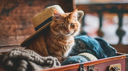 Cute ginger cat sitting in an open suitcase among summer clothes, concept of traveling packing, funny pet furry friend.