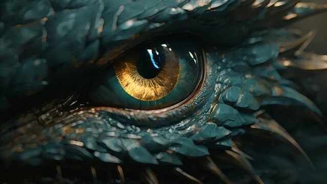 Dragon eye. Eye of Evil Fantasy green blue Dragon. Mythological creatures. Animal eye. Fantastic monster. Ancient reptile. Dark tones. Closeup. 3D illustration, oil painting moving mp4