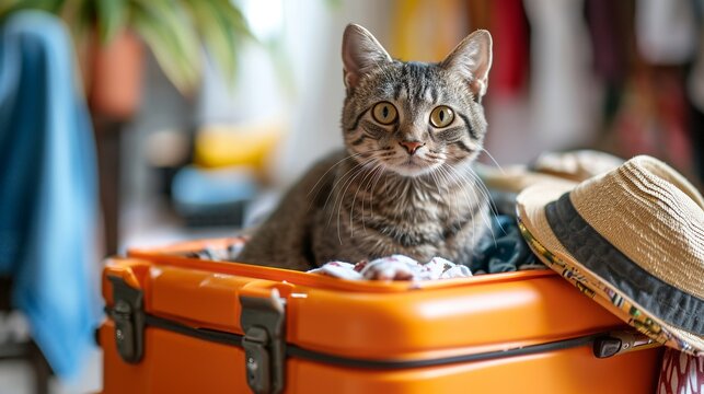 Cute gray tabby cat was caught sitting in an open suitcase among summer clothes, concept of traveling packing, funny pet furry friend.