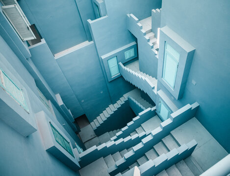 Calpe, Spain: colorful staircase of the La Muralla Roja postmodern apartment complex