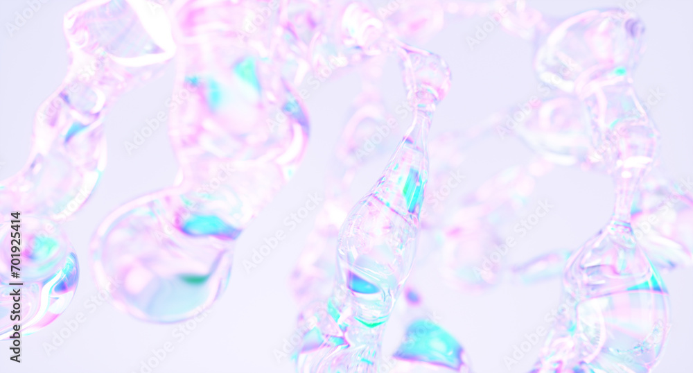 Poster glass fluid shapes with colorful reflections composition. 3d rendering illustration.