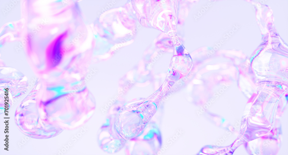Poster glass fluid shapes with colorful reflections composition. 3d rendering illustration.