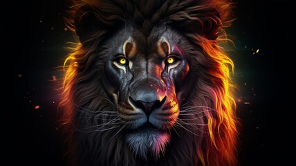 Real lion glow light art black background beautiful image Ai generated art