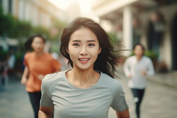 happy asian woman running on the background of a crowd of people