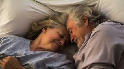 Two golden-aged individuals, tucked under a plush duvet, their eyes reflecting decades of shared experiences and love.