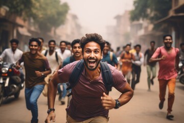 happy indian man running on the background of a crowd of people - obrazy, fototapety, plakaty
