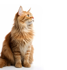 Close-up of red fluffy cat looking up on white background with copy space