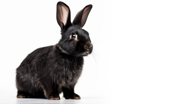 Portrait of black rabbit on white background with copy space