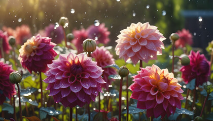 Many Dahlia flowers with rain drops, in rustic garden in sunset sunlight background.