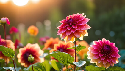 Fototapeta premium Many Dahlia flowers with rain drops, in rustic garden in sunset sunlight background.
