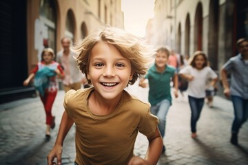 happy child boy running on the background of a crowd of people