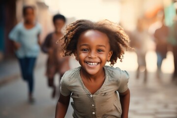 happy african american child boy running on the background of a crowd of people