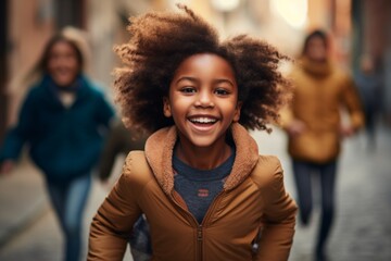 happy african american child boy running on the background of a crowd of people - Powered by Adobe