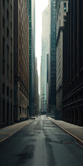 Empty city street with tall skyscrapers on both sides. Early morning sun rays. Wet concrete street from rain water. Noir mystery concept - Isolated transparent background. Empty moody alley in a city - obrazy, fototapety, plakaty