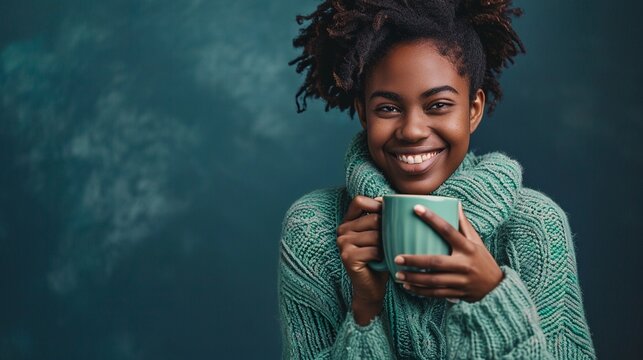 Portrait Of Happy Young Woman With Cup Of Coffee Isolated On Navy Background With Copy Space, Smiling African American Woman In Mint Green Sweater Holding Coffee Mug And Enjoy Herself.