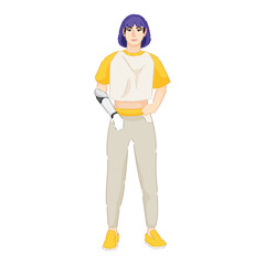 Woman with prosthetic arm on white background