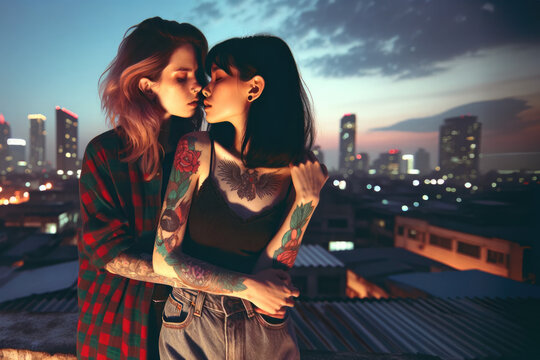 A young female couple kissing on a rooftop. Tattooed punk style, cityscape on a summer night. 