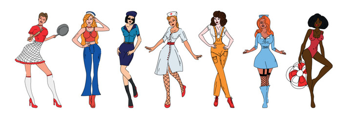 Sexy pin up women of different professions on white background