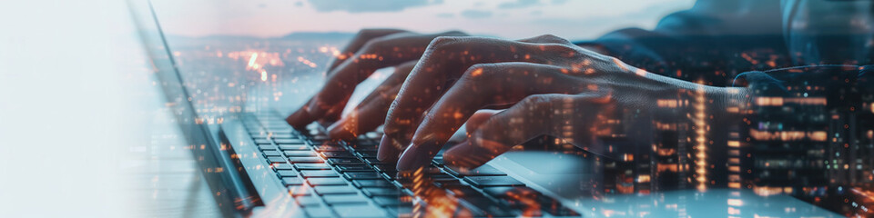 hands typing on keyboard of a laptop - obrazy, fototapety, plakaty