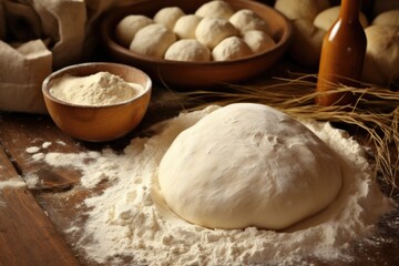 Fototapeta premium The traditional process of making Easter bread, with dough being expertly kneaded and an assortment of essential ingredients and utensils close at hand