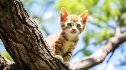 Naklejka na ściany i meble A kitten stuck in a tree, meowing for help.