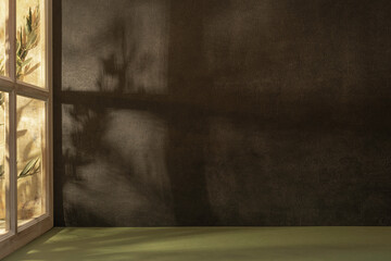 Panorama de fond d'un mur noir et support vert olive pour création d'arrière plan. Panoramique avec jeu d'ombre et de lumière à travers une fenêtre.	 - obrazy, fototapety, plakaty