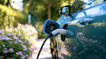 Charging connector for EV car amidst dark noir backdrop, AI Generated