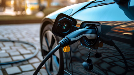 Charging connector for EV car amidst dark noir backdrop, AI Generated
