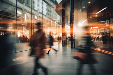 Natural bokeh of city centre view, blurred out of focus background. Abstract beautiful backdrop for text or advertising. Unfocused buildings and people