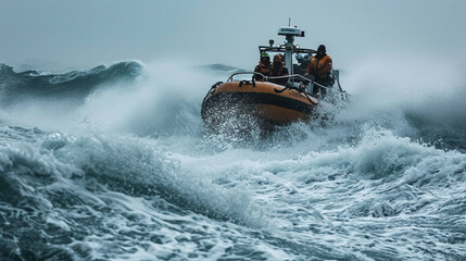 Lifeboat rescue team during storm, AI Generated - obrazy, fototapety, plakaty