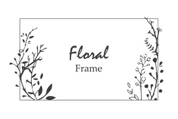 Hand drawn elegant floral frame. Delicate meadow flowers, herbs, branches, plants. Vector illustration in line art style