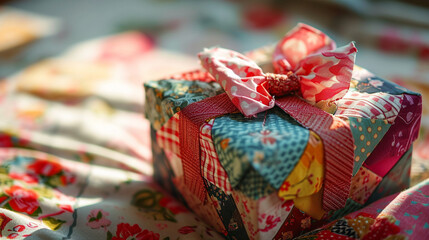 Fototapeta na wymiar Patchwork-style valentine gift box with colorful fabric swatches, AI Generated