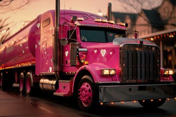 Vibrant pink semi truck with heart decorations illuminates a city street at twilight, creating a romantic road scene.