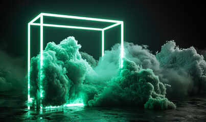 futuristic neon green  light frame with cloud explosion