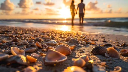 Crédence de cuisine en verre imprimé Coucher de soleil sur la plage Silhouettes of lovers watching the sunset on beach with heart-shaped seashells, AI Generated