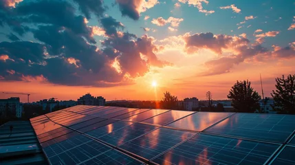 Crédence de cuisine en verre imprimé Réflexion Solar panels reflecting the rising sun on the rooftops of city, AI Generated
