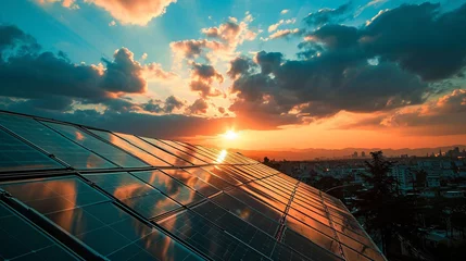 Foto op Plexiglas Reflectie Solar panels reflecting the rising sun on the rooftops of city, AI Generated