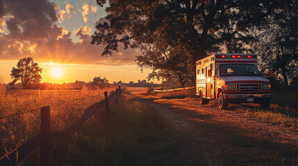 Sunset over an ambulance in rural countryside, AI Generated - obrazy, fototapety, plakaty